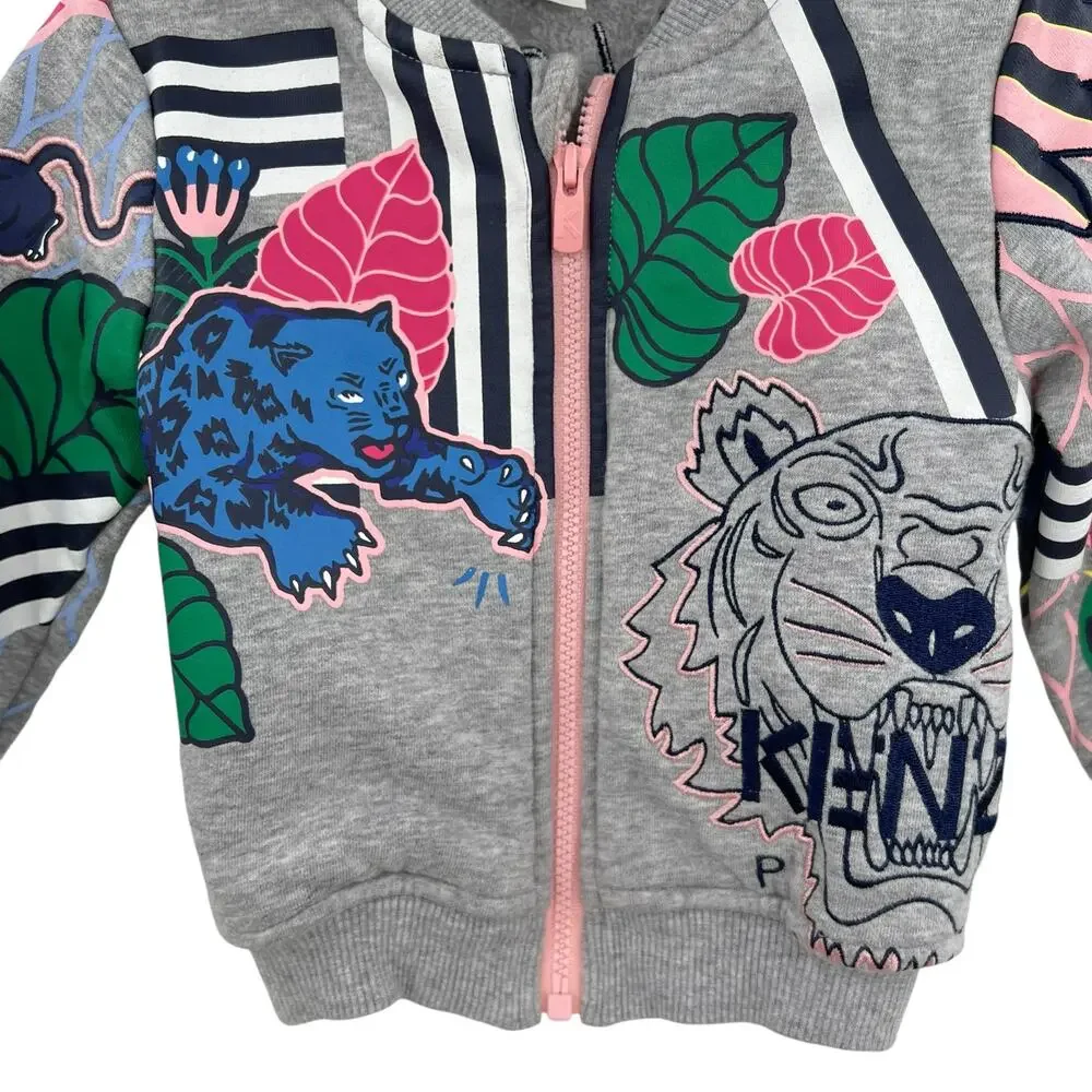 Kenzo Paris Kids Zip-Up‎ Jacket Sweatshirt Tiger Print Embroidered Gray Size 18M
